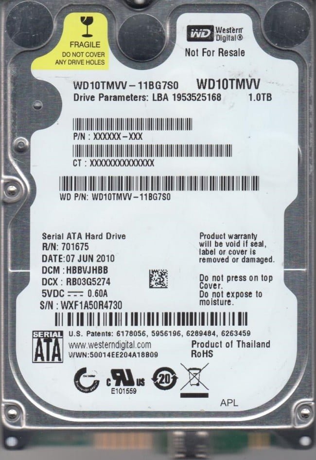 WD10TMVV-11BG7S0, DCM HBBVJHBB, Western Digital 1TB USB 2.5 Hard Drive