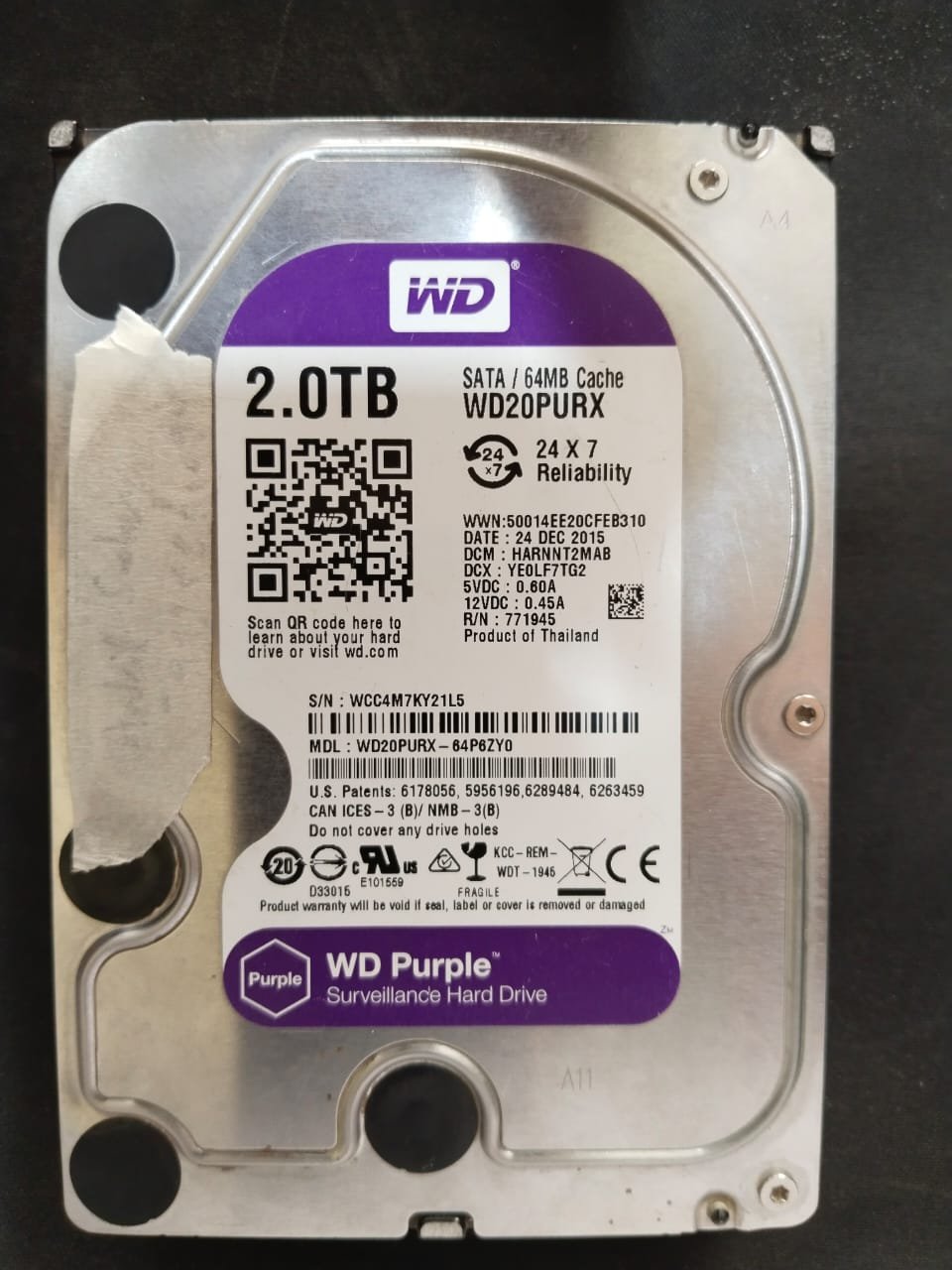 WD20PURX-64P6ZY0,Western Digital 2TB SATA 3.5 Hard Drive ,DATA RECOVERY